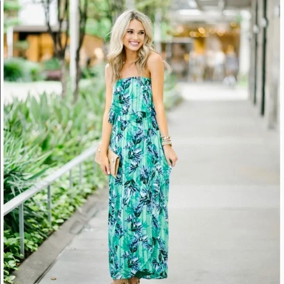 chinese dress ladies Green Palm Leaf Print Maxi Dress - Vacation Dresses main image 1